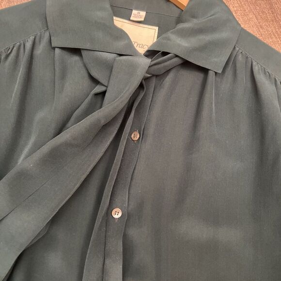 Vintage 100% Silk Long Sleeve Button‎ Up Shirt Dark green Ellen Tracy - Picture 6 of 8